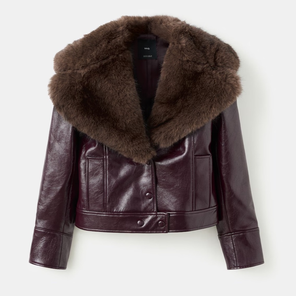 Mango faux-leather with faux fur collar coat